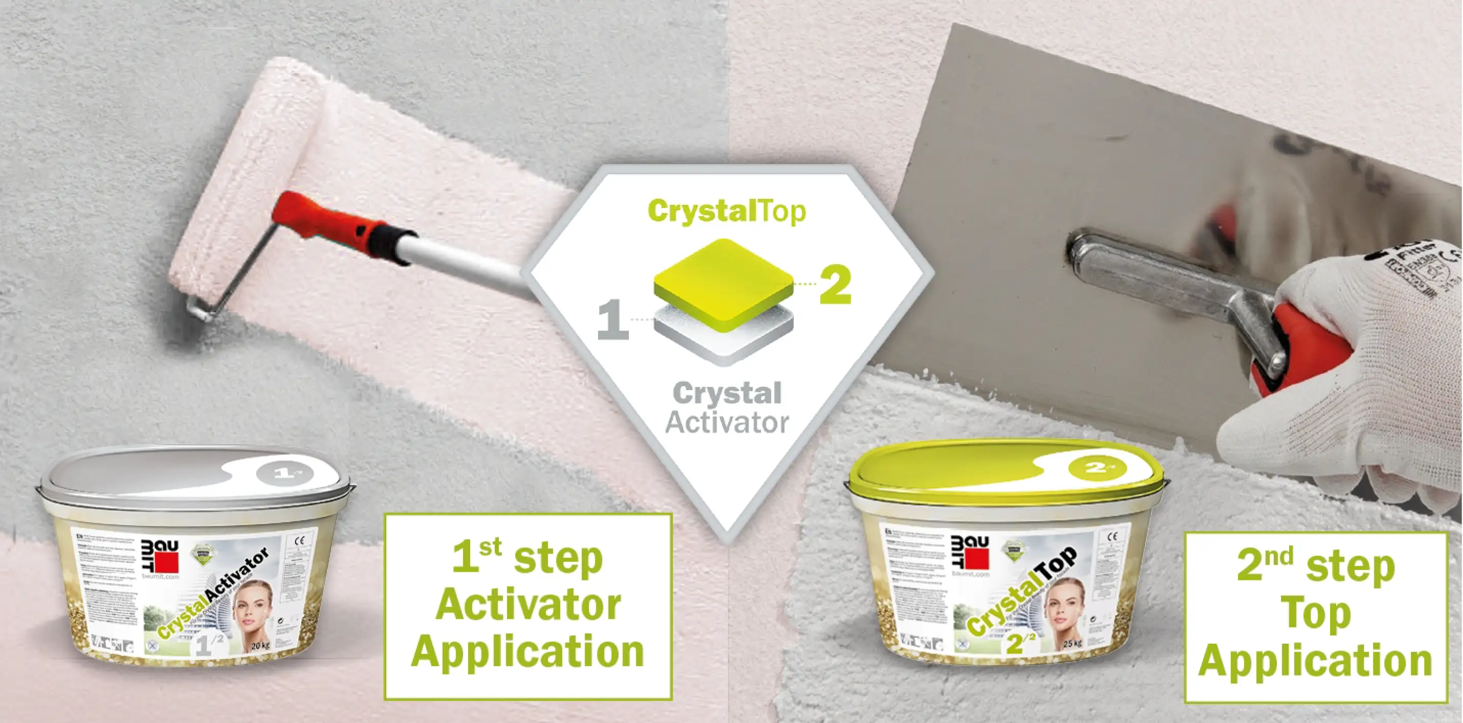 It consists of the first ready-to-use-mineral render CrystalTop and the corresponding primer, the CrystalActivator.